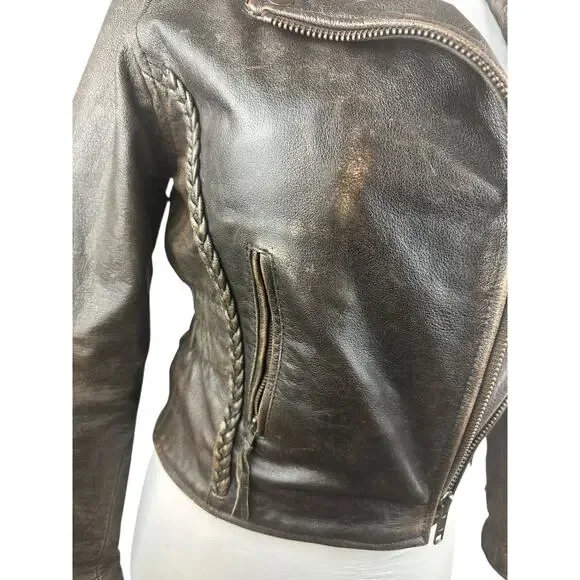 Unik Distressed Brown Leather Braided Moto Motorcycle Jacket Cross Zip Size XS - Picture 6 of 16